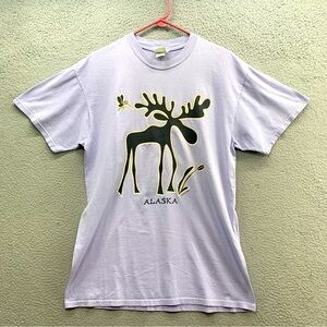 Vintage 90s EMI Alaska Moose Logo Mens M T-Shirt Lilac Purple USA Colorful Tee